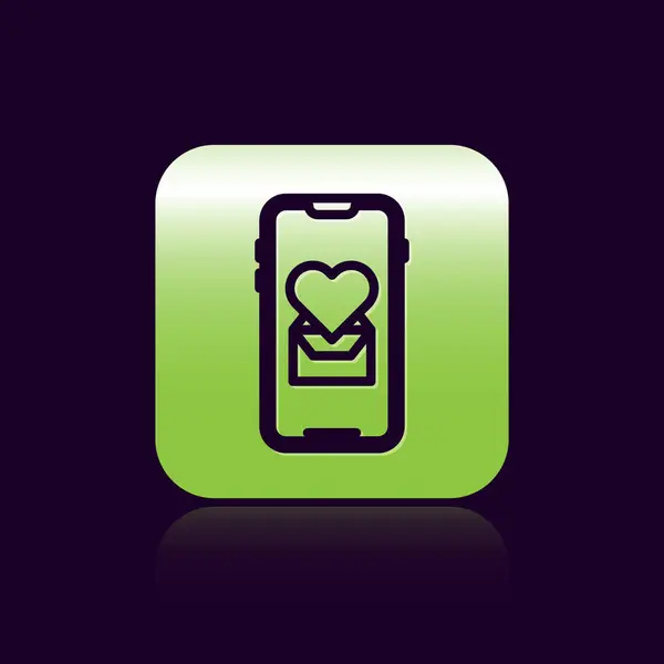 黑线手机与心脏图标隔离在黑色背景。 情人节。 绿色正方形按钮。 病媒图解 — 图库矢量图片