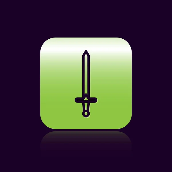 Black line Medieval sword icon isolated on black background. Medieval weapon. Green square button. Vector Illustration — 스톡 벡터