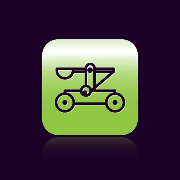 Black line Old medieval wooden catapult shooting stones icon isolated on black background. Green square button. Vector Illustration — 스톡 벡터