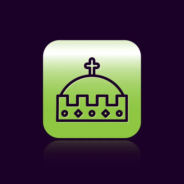 Black line King crown icon isolated on black background. Green square button. Vector Illustration — 스톡 벡터