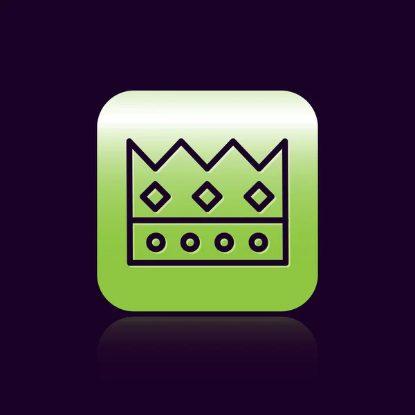 Black line King crown icon isolated on black background. Green square button. Vector Illustration — 스톡 벡터