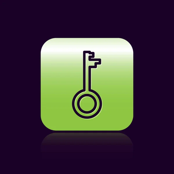 Línea negra Icono de llave antigua aislado sobre fondo negro. Botón cuadrado verde. Ilustración vectorial — Vector de stock