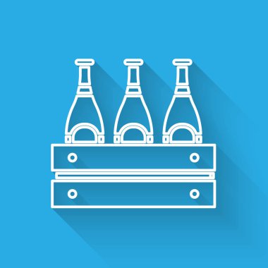 Uzun gölgeli beyaz çizgi halinde bira şişesi ikonu. Tahta kutu ve bira şişeleri. Kutu bira kutusu tabelası. Vektör İllüstrasyonu