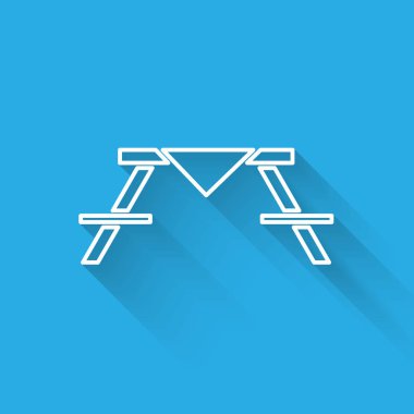 Masa simgesinin her iki tarafında uzun gölgeli beyaz çizgi piknik masası. Vektör İllüstrasyonu