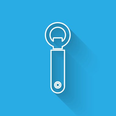 Beyaz çizgi şişe açacağı simgesi uzun gölgeli izole edilmiş. Vektör İllüstrasyonu