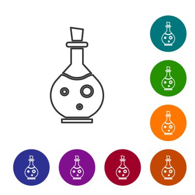 Beyaz arka planda sihirli ikon izole edilmiş gri çizgi cam şişe. Bilgisayar oyunu varlığı. Simgeleri renk daire düğmelerine ayarla. Vektör İllüstrasyonu