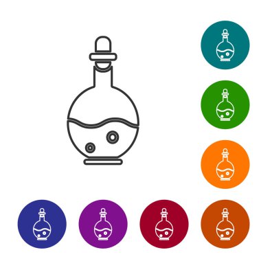 Beyaz arka planda sihirli ikon izole edilmiş gri çizgi cam şişe. Bilgisayar oyunu varlığı. Simgeleri renk daire düğmelerine ayarla. Vektör İllüstrasyonu