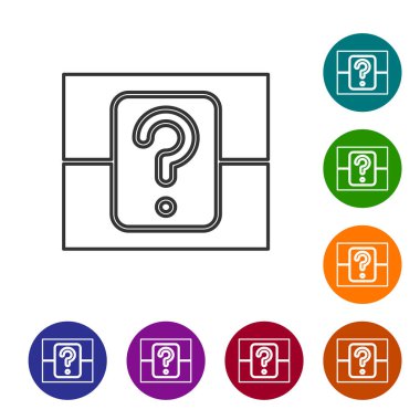 Beyaz arkaplanda izole edilmiş oyun ikonu için gri çizgi gizemli kutu veya rastgele ganimet kutusu. Soru kutusu. Simgeleri renk daire düğmelerine ayarla. Vektör İllüstrasyonu