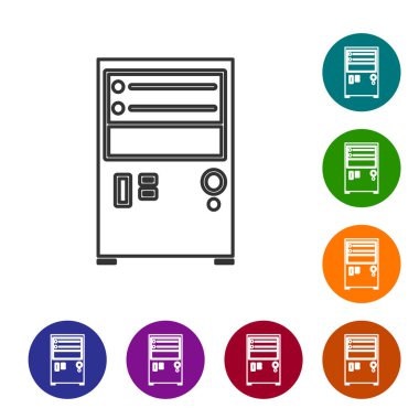 Gri çizgi Bilgisayar simgesi beyaz arkaplanda izole edildi. Bilgisayar bileşeni işareti. Simgeleri renk daire düğmelerine ayarla. Vektör İllüstrasyonu