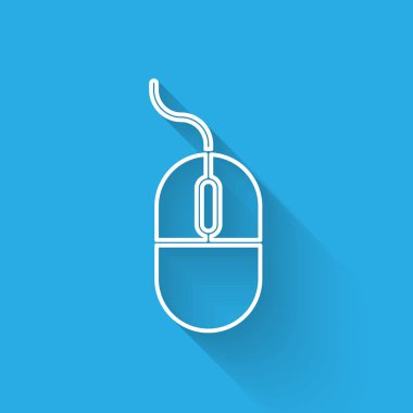 Beyaz çizgi bilgisayar fare simgesi uzun gölgeyle izole edildi. Tekerlek sembollü optik. Vektör İllüstrasyonu