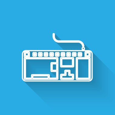 Beyaz çizgi bilgisayar klavye simgesi uzun gölgeli izole edildi. Bilgisayar bileşeni işareti. Vektör İllüstrasyonu