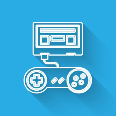 Oyun konsolu, joystick simgesiyle izole edilmiş, uzun gölgeli. Vektör İllüstrasyonu