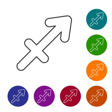 Gri çizgi yay burcu simgesi beyaz arka planda izole edilmiş. Astrolojik yıldız falı koleksiyonu. Simgeleri renk daire düğmelerine ayarla. Vektör İllüstrasyonu