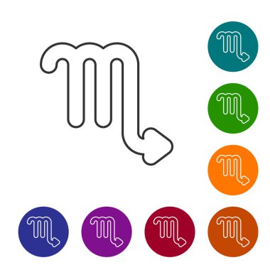 Gri çizgi Scorpio burç simgesi beyaz arka planda izole edildi. Astrolojik yıldız falı koleksiyonu. Simgeleri renk daire düğmelerine ayarla. Vektör İllüstrasyonu