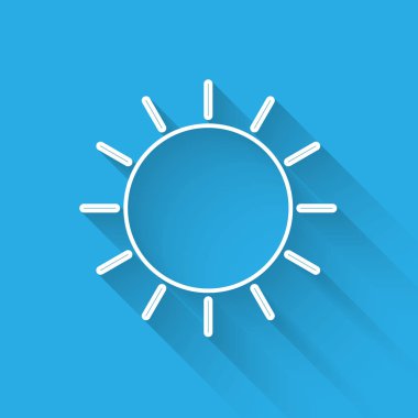 Beyaz çizgi Güneş simgesi uzun gölge ile izole. Vektör İllüstrasyonu