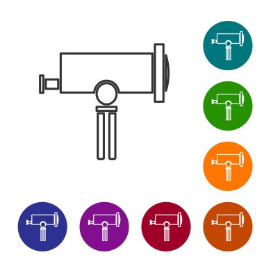 Gri çizgi Teleskop simgesi beyaz arkaplanda izole edildi. Bilimsel bir alet. Eğitim ve astronomi elementi, dürbün ve çalışma yıldızları. Simgeleri renk daire düğmelerine ayarla. Vektör İllüstrasyonu