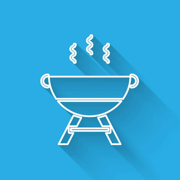 Fehér vonal Grill ikon elszigetelt hosszú árnyék. Bbq grillparti. Vektorillusztráció — Stock Vector