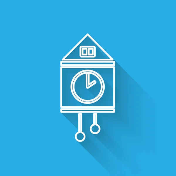 Línea blanca Icono de reloj de pared retro aislado con sombra larga. Signo del reloj de cuco. Reloj de péndulo antiguo. Ilustración vectorial — Vector de stock