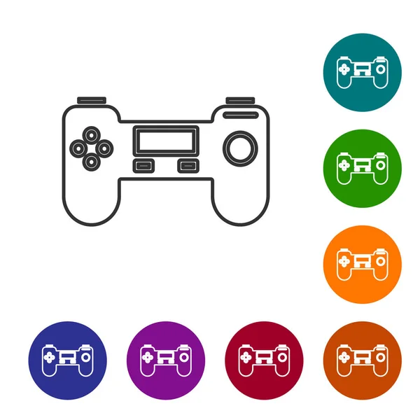 Иконка Gamepad серой линии выделена на белом фоне. Игровой контроллер. Установите пуговицы в цветной круг. Векторная миграция — стоковый вектор
