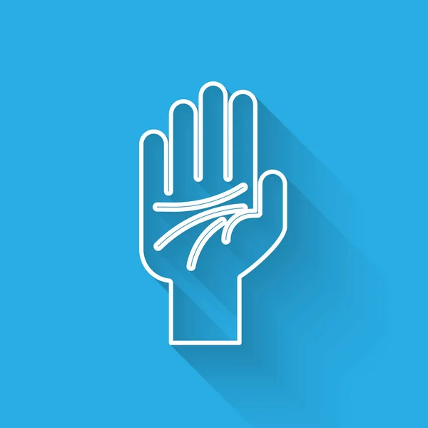 Línea blanca Palmistry del icono de la mano aislado con sombra larga. Ilustración vectorial — Vector de stock