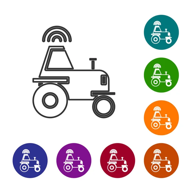 Línea gris Tractor inalámbrico de conducción automática en un icono de granja inteligente aislado sobre fondo blanco. Agricultura inteligente implementar elemento. Establecer iconos en botones de círculo de color. Ilustración vectorial — Vector de stock