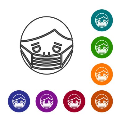 Gri Çizgili Adam yüzü, beyaz arka planda izole edilmiş tıbbi koruyucu maske ikonu. Karantinaya alın. Simgeleri renk daire düğmelerine ayarla. Vektör İllüstrasyonu