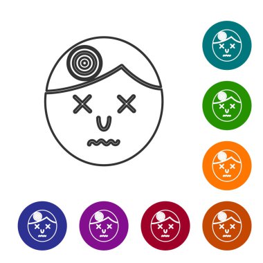 Gri Çizgili Adam 'ın başı ağrıyor, migren ikonu beyaz arka planda izole edilmiş. Simgeleri renk daire düğmelerine ayarla. Vektör İllüstrasyonu