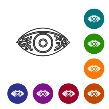 Beyaz arka planda izole edilmiş viral, bakteriyel veya alerjik konjonktivit ikonu nedeniyle gri çizgi kırmızımsı göz. Simgeleri renk daire düğmelerine ayarla. Vektör İllüstrasyonu