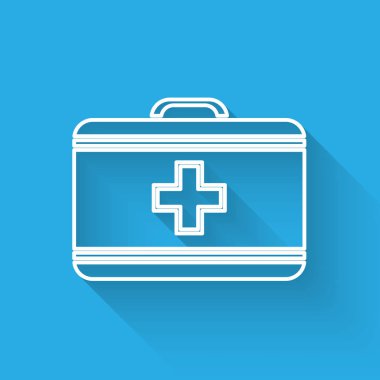 Beyaz çizgi ilk yardım çantası simgesi uzun gölgeli izole edildi. Haçlı sağlık kutusu. Acil durumlar için tıbbi ekipman. Sağlık sigortası konsepti. Vektör İllüstrasyonu