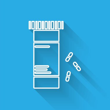 Beyaz çizgi ilaç şişesi ve uzun gölgeli ilaç ikonu. Şişe hapı işareti. Eczane tasarımı. Vektör İllüstrasyonu