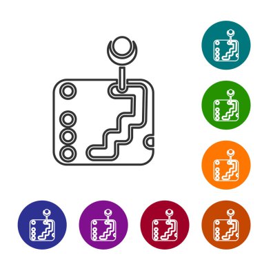 Gri çizgi vites değiştiren simgesi beyaz arkaplanda izole edildi. İletişim simgesi. Simgeleri renk daire düğmelerine ayarla. Vektör İllüstrasyonu