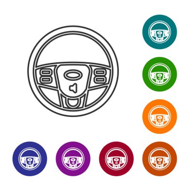 Gri çizgi direksiyon simgesi beyaz arka planda izole edildi. Araba tekeri ikonu. Simgeleri renk daire düğmelerine ayarla. Vektör İllüstrasyonu