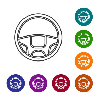 Gri çizgi direksiyon simgesi beyaz arka planda izole edildi. Araba tekeri ikonu. Simgeleri renk daire düğmelerine ayarla. Vektör İllüstrasyonu