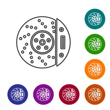Beyaz arka planda izole edilmiş kalibre ikonlu gri çizgi araba fren diski. Simgeleri renk daire düğmelerine ayarla. Vektör İllüstrasyonu