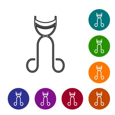 Beyaz arka planda gri çizgi kirpik bigudi simgesi izole edildi. Makyaj aleti işareti. Simgeleri renk daire düğmelerine ayarla. Vektör İllüstrasyonu