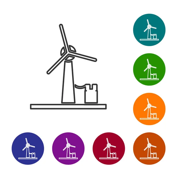 Grey line Wind turbine icon isolated on white background. Wind generator sign. Windmill for electric power production. Set icons in color circle buttons. Vector Illustration — 스톡 벡터