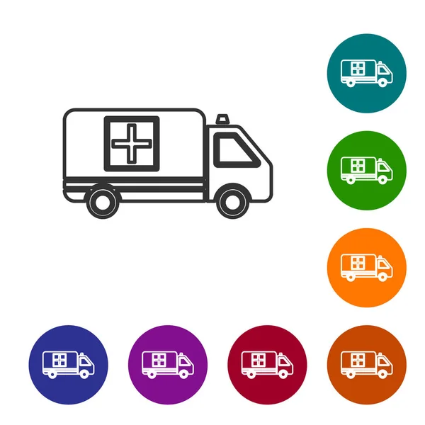 Grijze lijn Ambulance en nood auto pictogram geïsoleerd op witte achtergrond. Ambulance voertuig medische evacuatie. Stel pictogrammen in de kleur cirkel knoppen. Vector Illustratie — Stockvector