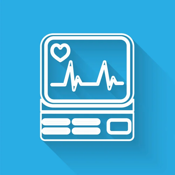 Linea bianca Monitor per computer con icona cardiogramma isolato con lunga ombra. Icona di monitoraggio. Monitoraggio ECG con battito cardiaco disegnato a mano. Illustrazione vettoriale — Vettoriale Stock