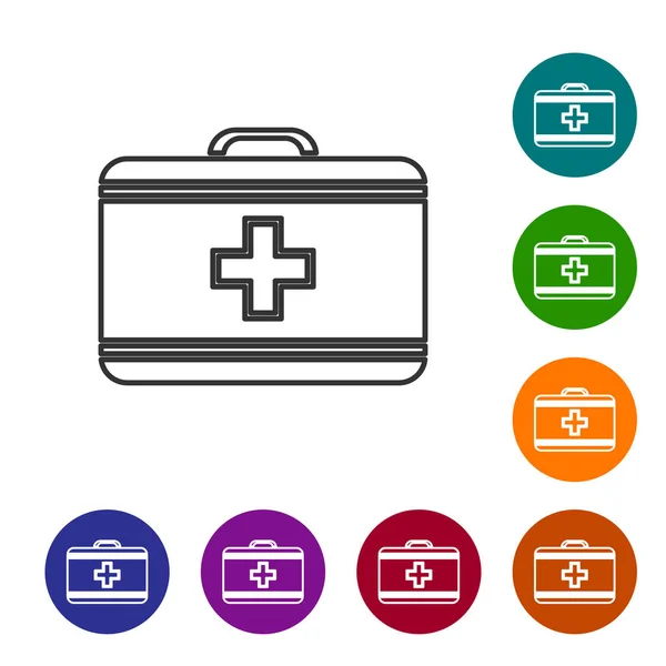 Grey line First aid kit icon isolated on white background. Medical box with cross. Medical equipment for emergency. Healthcare concept. Set icons in color circle buttons. Vector Illustration — 스톡 벡터