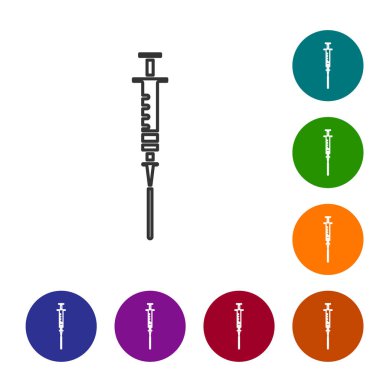Beyaz arka planda gri çizgi şırınga ikonu izole edildi. Aşı için şırınga, aşı, iğne, grip aşısı. Tıbbi ekipman. Simgeleri renk daire düğmelerine ayarla. Vektör İllüstrasyonu