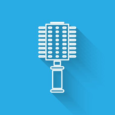 Beyaz çizgi saç fırçası ikonu uzun gölgeli izole edilmiş. Taraklı saç işareti. Berber sembolü. Vektör İllüstrasyonu