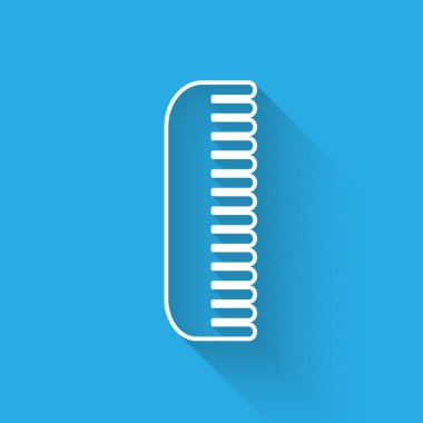 Beyaz çizgi saç fırçası ikonu uzun gölgeli izole edilmiş. Taraklı saç işareti. Berber sembolü. Vektör İllüstrasyonu