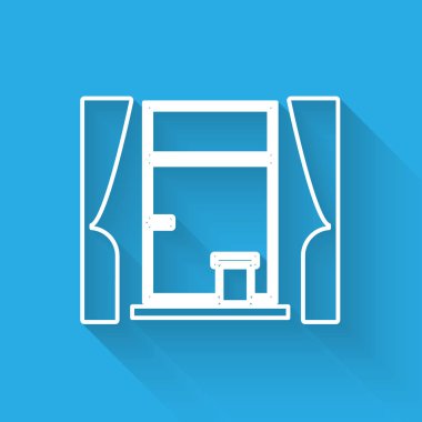 Oda ikonunda uzun gölgeli perdeleri olan beyaz çizgi penceresi. Vektör İllüstrasyonu