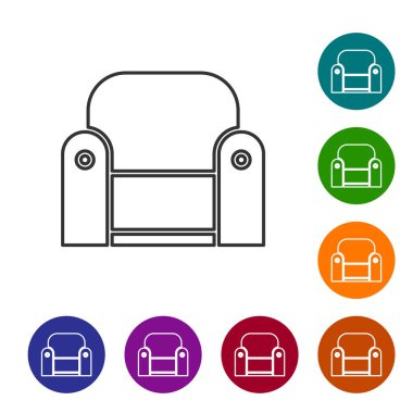 Gri çizgi Kol Koltuğu simgesi beyaz arkaplanda izole edildi. Simgeleri renk daire düğmelerine ayarla. Vektör İllüstrasyonu