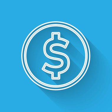 Dolar sembollü beyaz çizgi parası uzun gölgeli izole edilmiş. Bankacılık işareti. Para sembolü. Vektör İllüstrasyonu