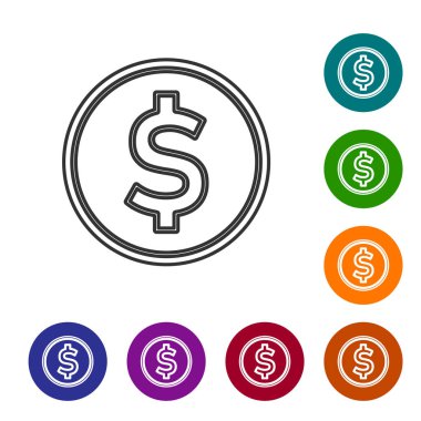 Beyaz arka planda dolar sembolü olan gri çizgi parası. Bankacılık işareti. Para sembolü. Simgeleri renk daire düğmelerine ayarla. Vektör İllüstrasyonu