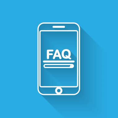 Faq bilgi simgesinin uzun gölgeyle izole edildiği beyaz çizgi cep telefonu. Sık sık sorulan sorular. Vektör İllüstrasyonu