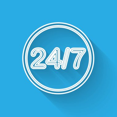 Beyaz Çizgili Saat 24 saat simgesi uzun gölgelerle izole edildi. Tüm gün döngü simgesi. 24 saat hizmet sembolü. Vektör İllüstrasyonu