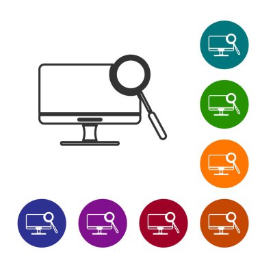 Gri çizgi bilgisayar tanılama simgesi beyaz arkaplanda izole edildi. Uygulama, servis, ayar seçenekleri, bakım, onarım. Simgeleri renk daire düğmelerine ayarla. Vektör İllüstrasyonu