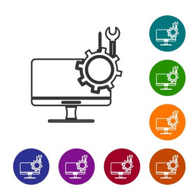 Beyaz arkaplanda izole edilmiş tornavida ve anahtar ikonlu gri çizgi bilgisayar monitörü. Ayarlama, servis, ayar, bakım, onarım. Simgeleri renk daire düğmelerine ayarla. Vektör İllüstrasyonu